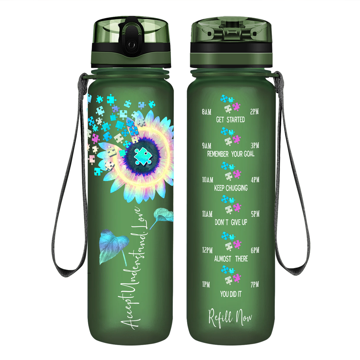 Accept Understand Love Autism Sunflower 32 oz Motivational Tracking Water Bottle
