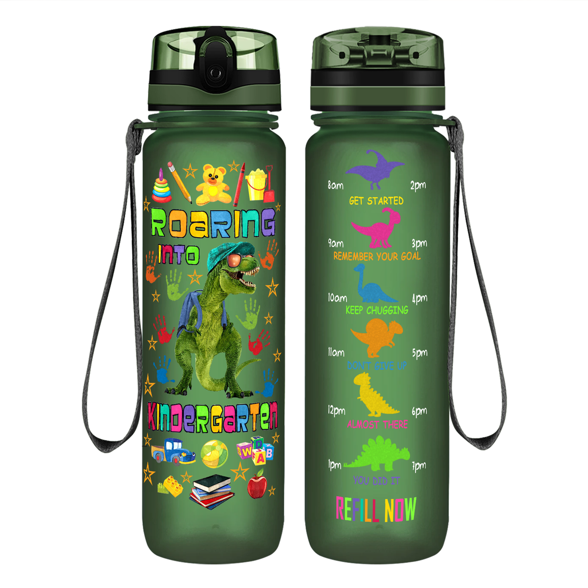 Roaring Into Kindergarten on 32 oz Motivational Tracking Water Bottle