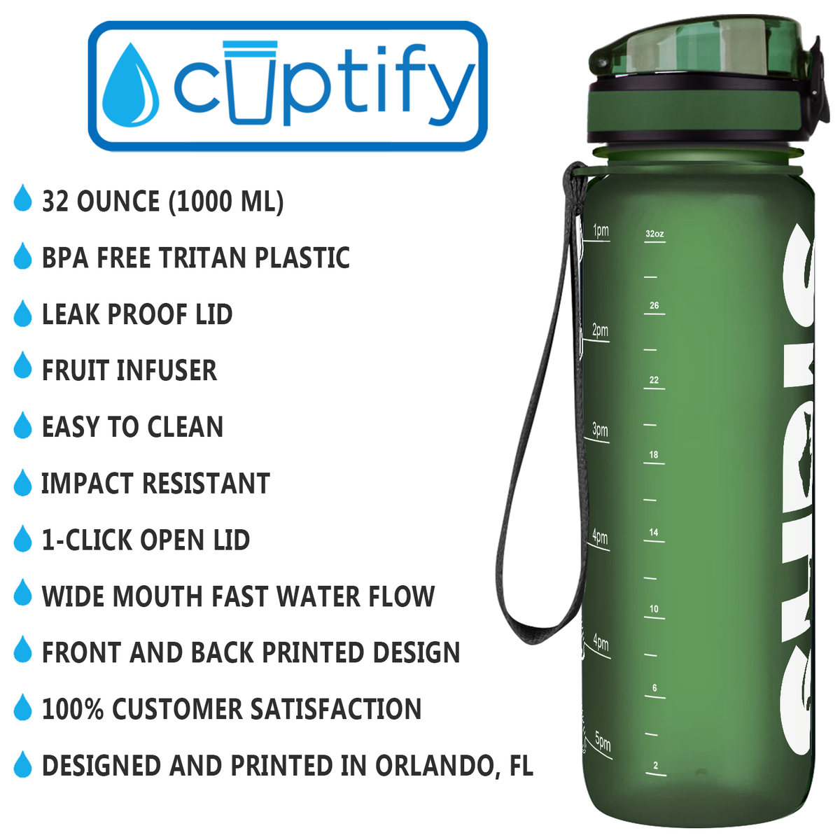 Kids Personalized on Army Green Frosted 32 oz Motivational Tracking Water Bottle
