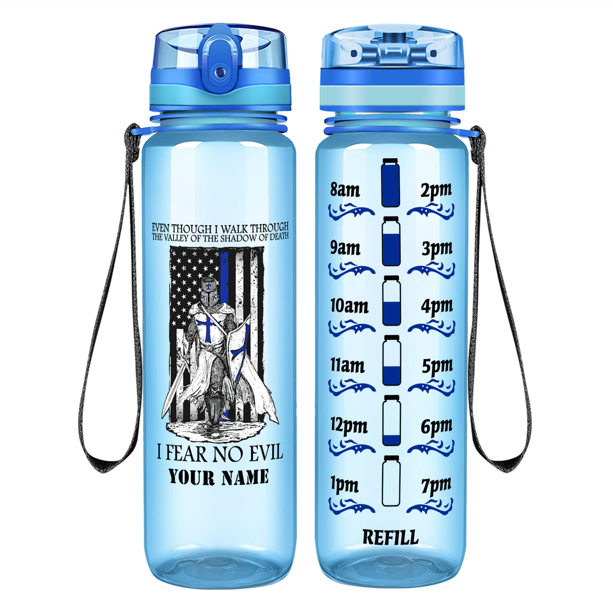 Personalized Thin Blue Line Police Knight on 32 oz Motivational Tracking Water Bottle