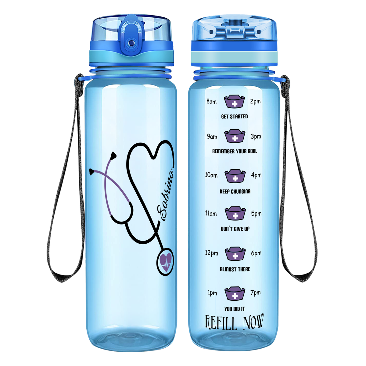 Personalized Nurse Water Bottle Stethoscope Purple 32oz Motivational Tracking Bottle