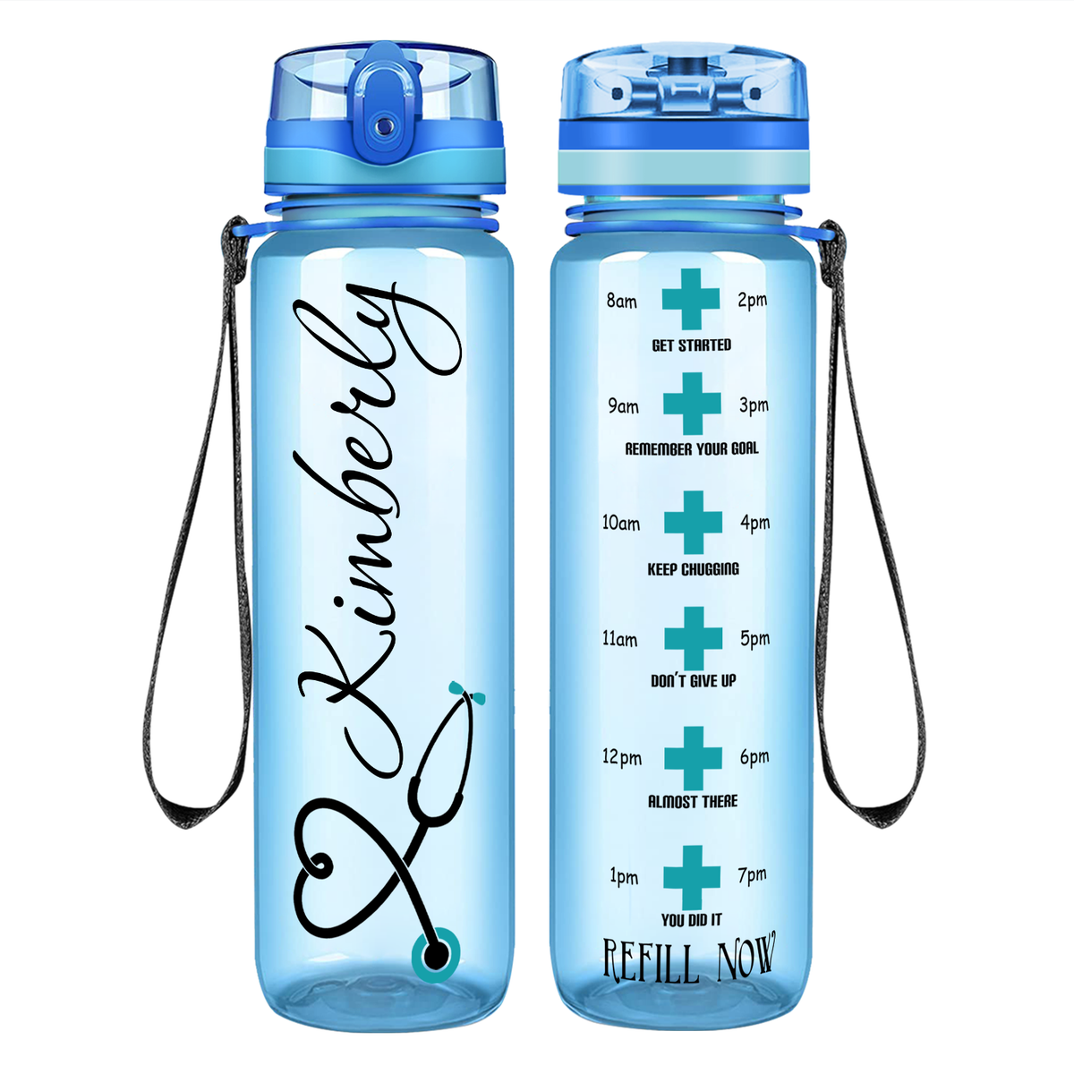 Personalized Nurse Heart Aqua Stethoscope on 32oz Motivational Tracking Water Bottle