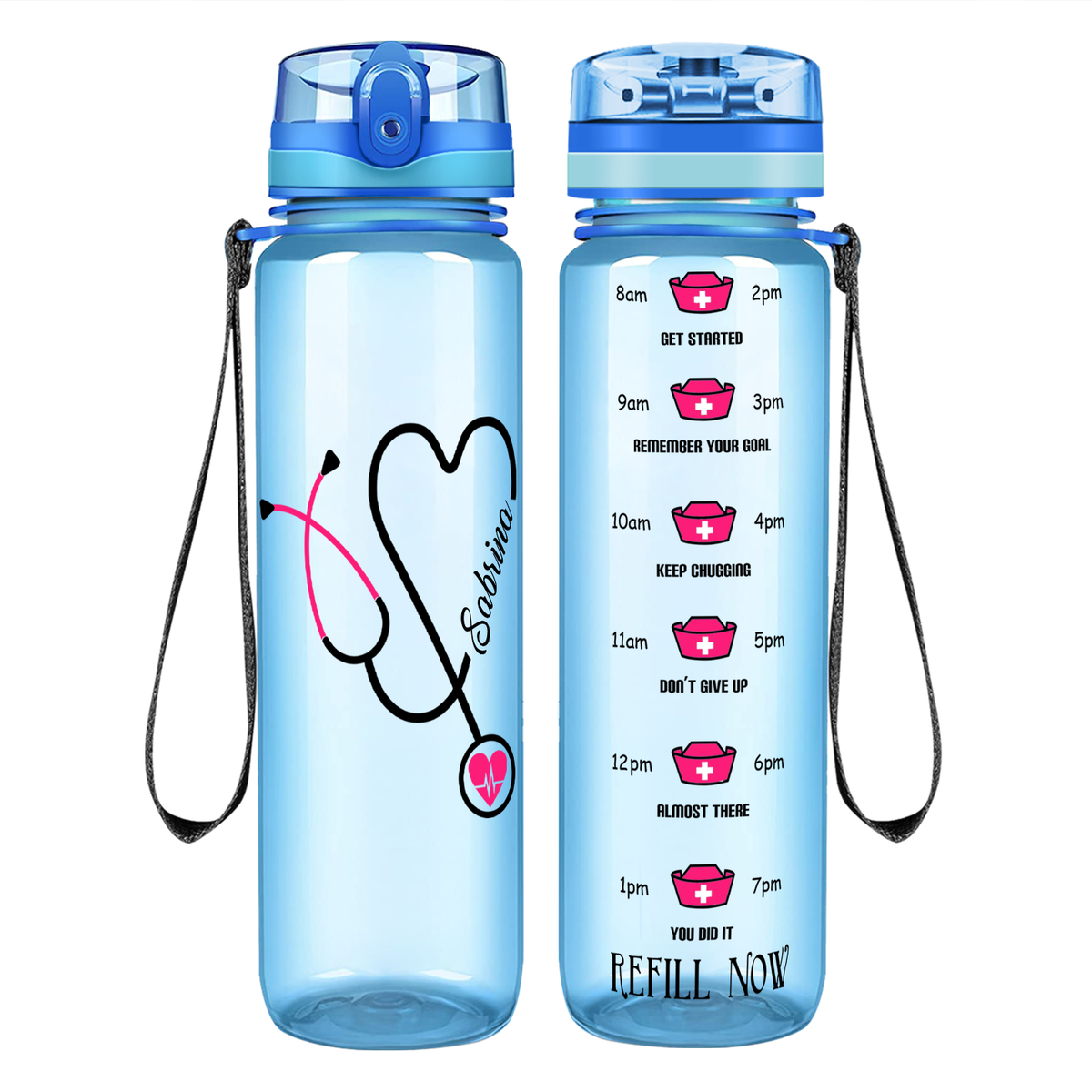 Personalized Nurse Pink Stethoscope Heart on 32oz Motivational Water Bottle