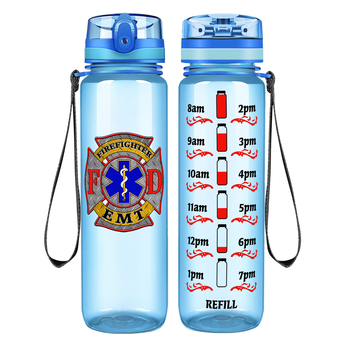 EMT Firefighter FD Badge on 32 oz Motivational Tracking Water Bottle