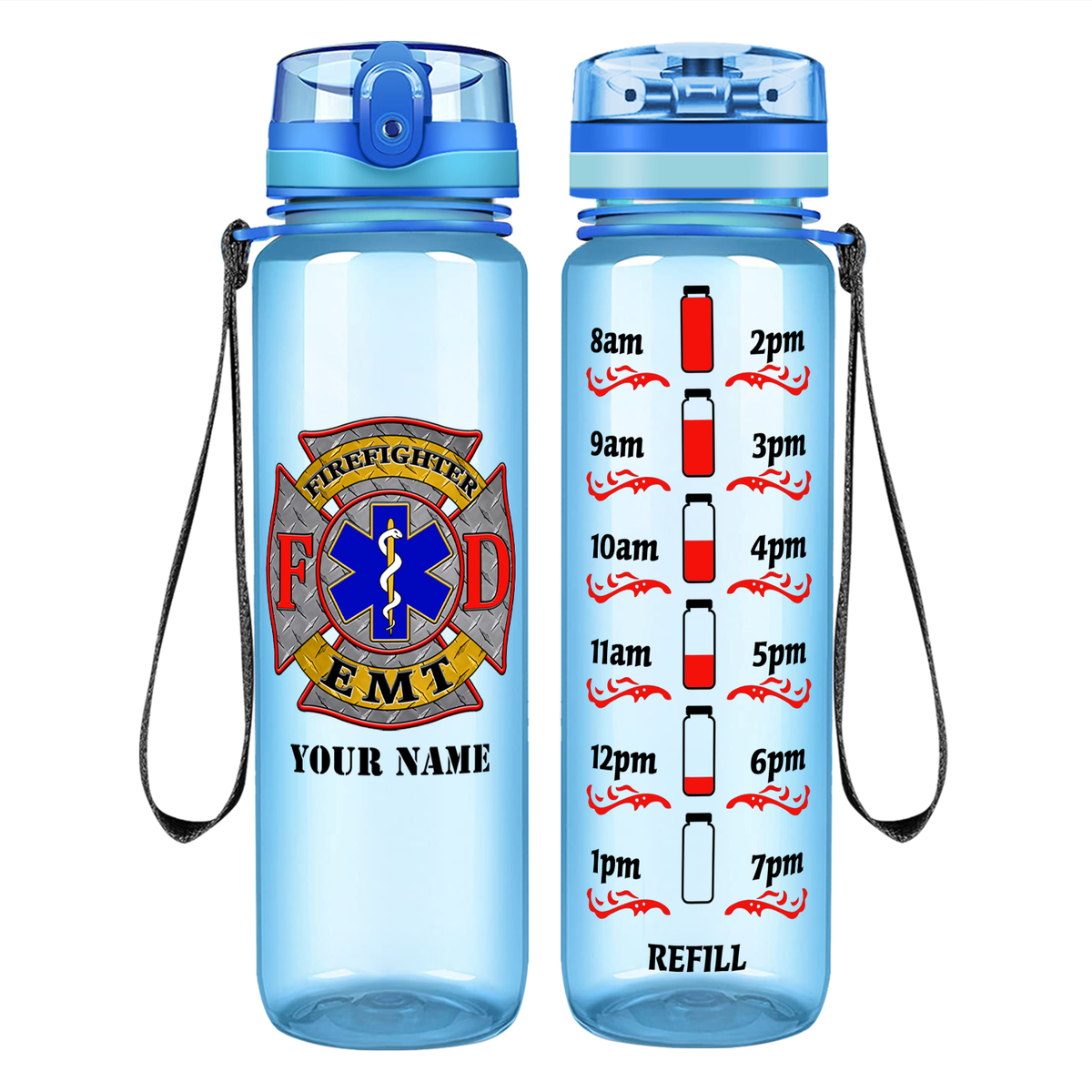 Personalized EMT Firefighter FD Badge on 32 oz Motivational Tracking Water Bottle