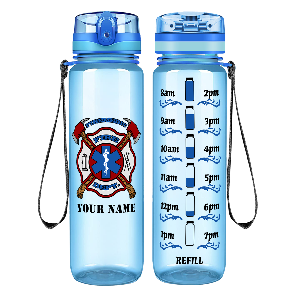 Personalized Firemedic Fire Department Badge on 32 oz Motivational Tracking Water Bottle