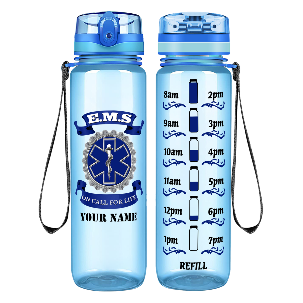 Personalized EMS Blue on Call for LIFE on 32 oz Motivational Tracking Water Bottle