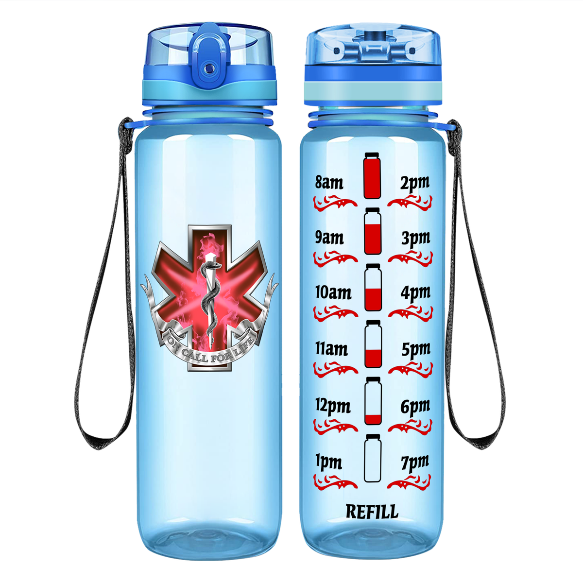 EMT EMS On Call for Life Red Badge on 32 oz Motivational Tracking Water Bottle