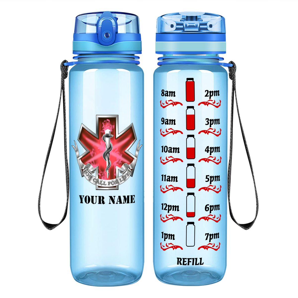Personalized EMT EMS On Call for Life Red Badge on 32 oz Motivational Tracking Water Bottle