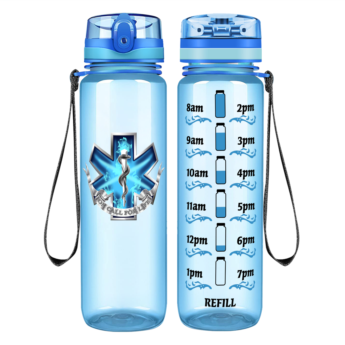 EMT EMS On Call for Life Blue Badge on 32 oz Motivational Tracking Water Bottle