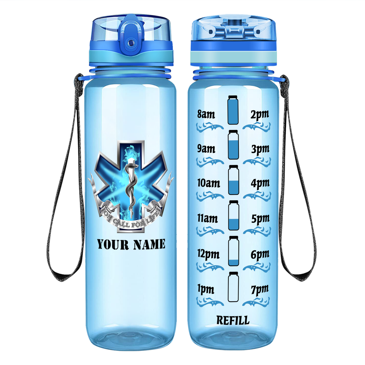 Personalized EMT EMS On Call for Life Blue Badge on 32 oz Motivational Tracking Water Bottle
