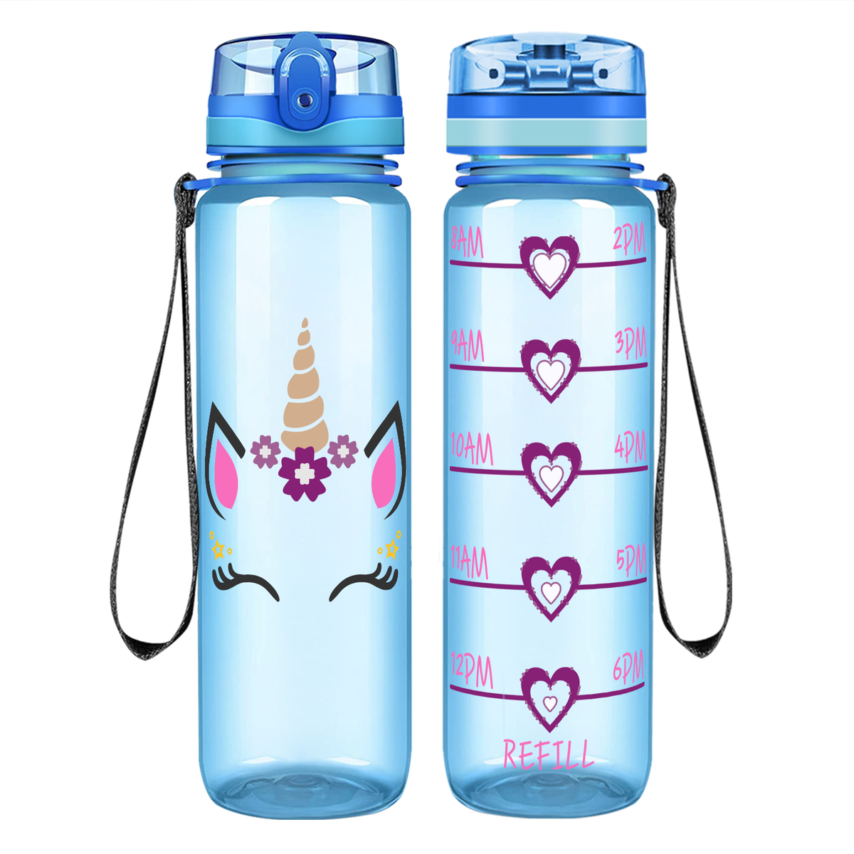 Unicorn Purple Face on 32 oz Motivational Tracking Water Bottle