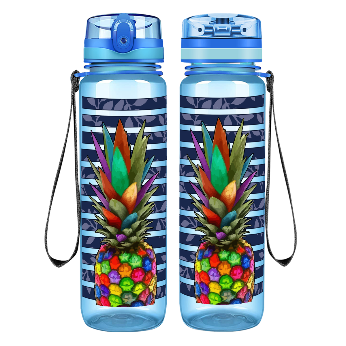 Rainbow Pineapple on 32 oz Motivational Tracking Water Bottle