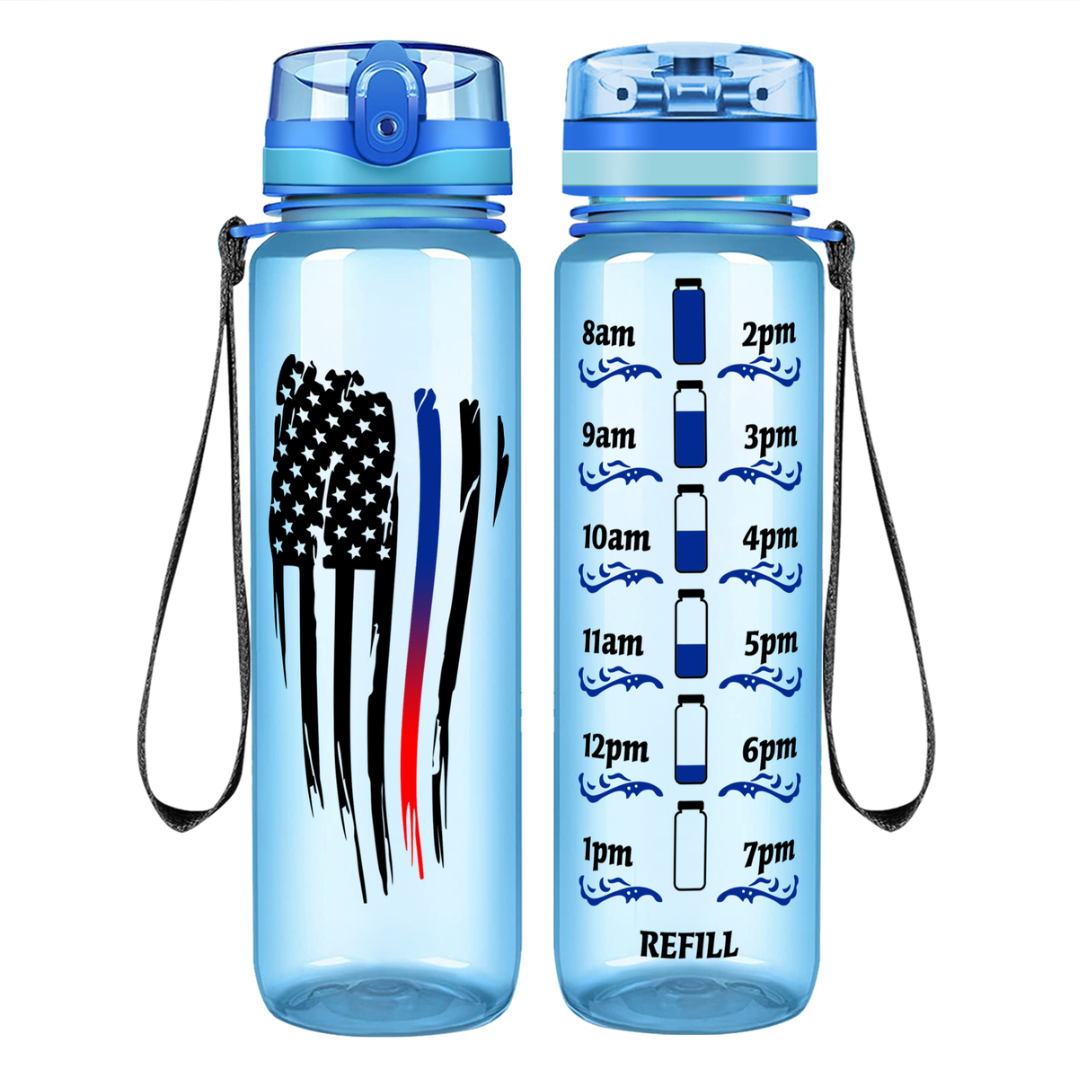 Wavy Blue Red Thin Line Flag on 32 oz Motivational Tracking Water Bottle