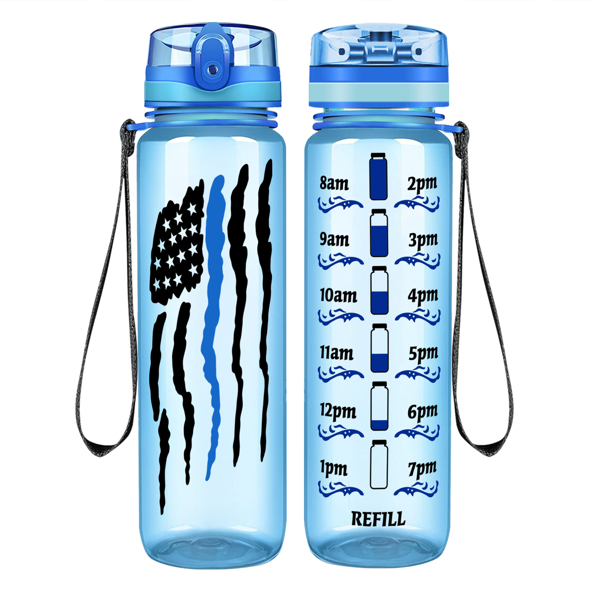 Thin Blue Line Police Flag on 32 oz Motivational Tracking Water Bottle