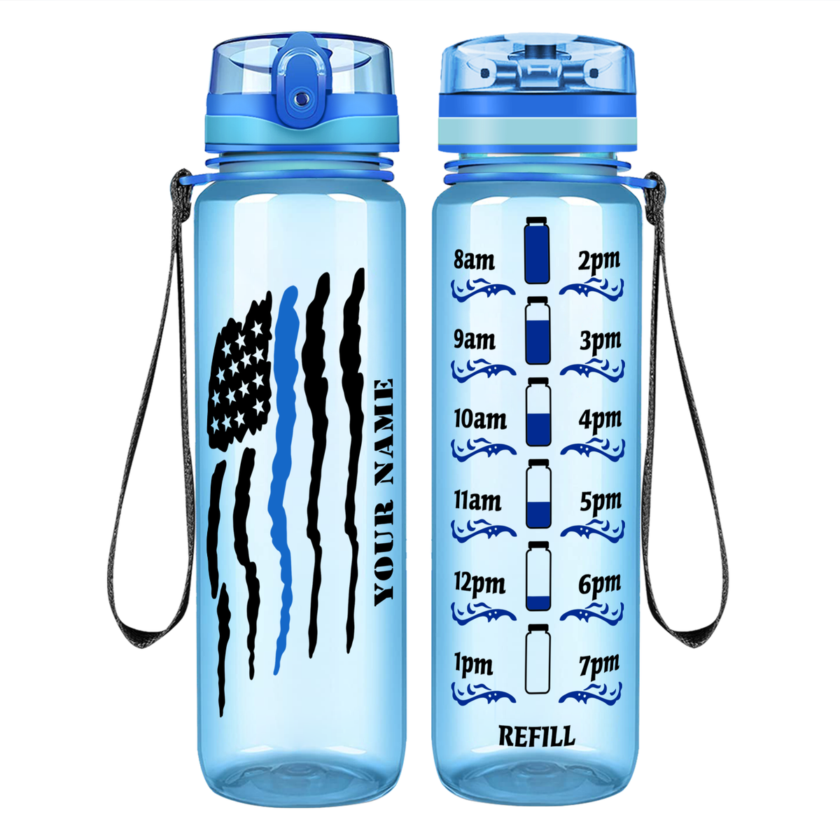 Personalized Thin Blue Line Police Flag on 32 oz Motivational Tracking Water Bottle