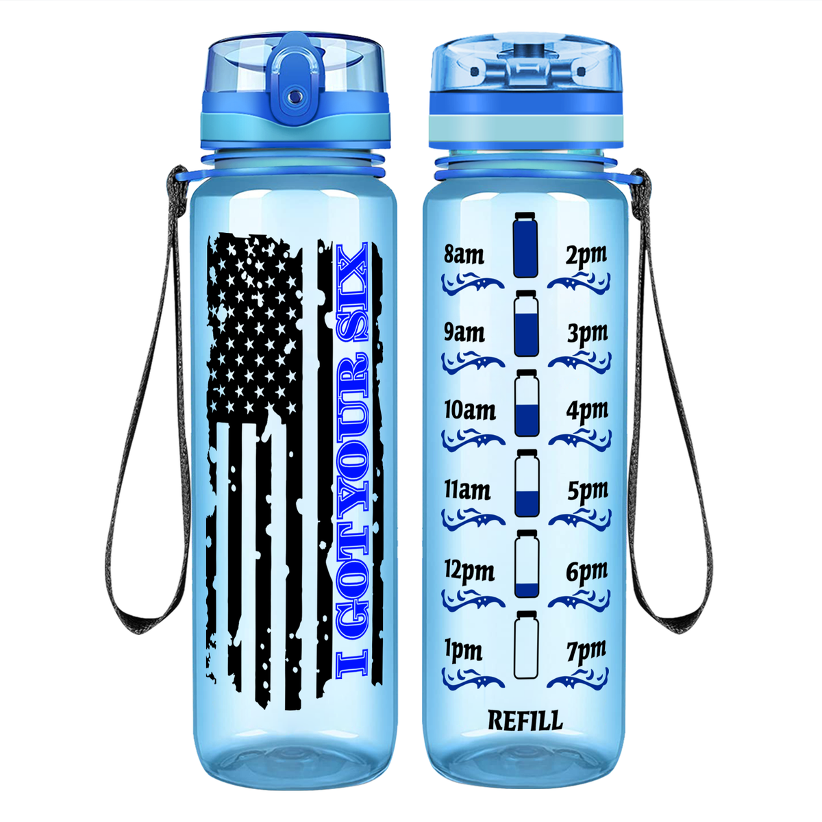 I Got Your Six Distressed Thin Blue Line Flag on 32 oz Motivational Tracking Water Bottle