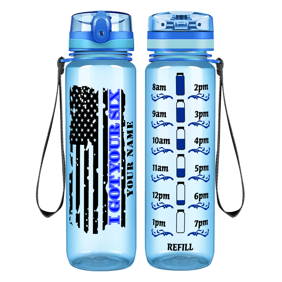 Personalized I Got Your Six Distressed Thin Blue Line Flag on 32 oz Motivational Tracking Water Bottle