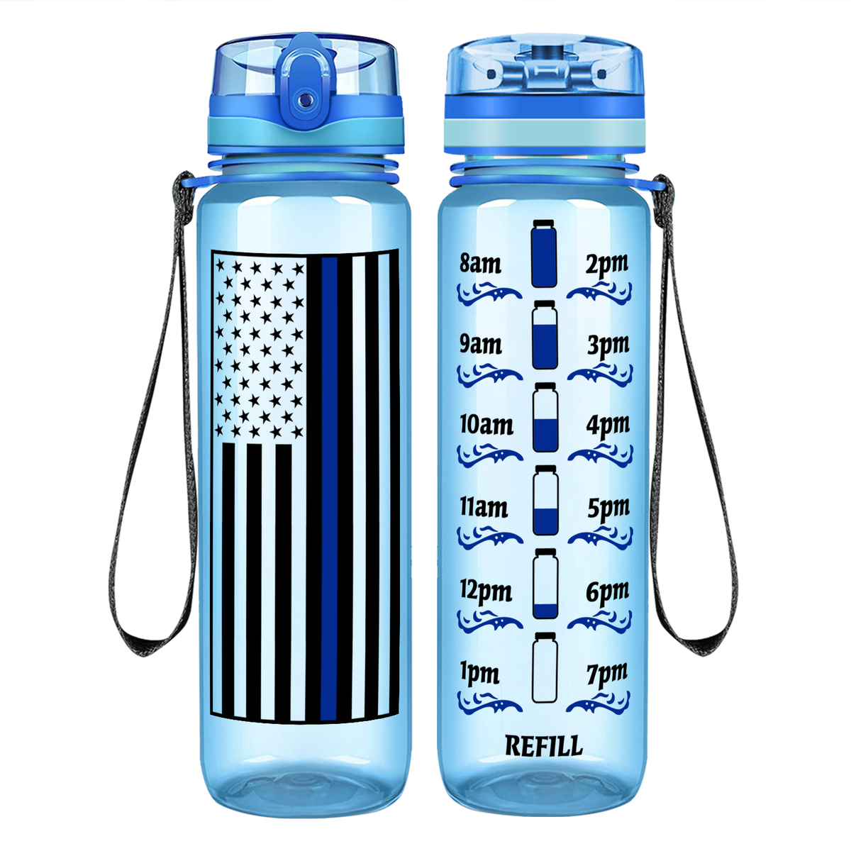 Thin Blue Line Flag on 32 oz Motivational Tracking Water Bottle