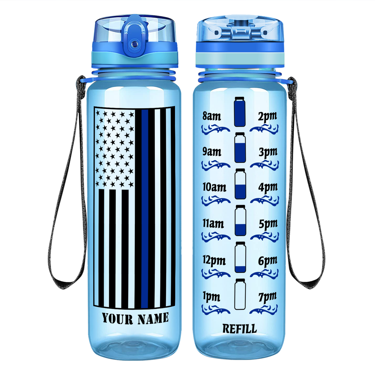 Personalized Thin Blue Line Flag on 32 oz Motivational Tracking Water Bottle