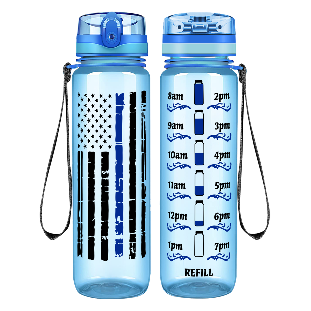 Distressed Thin Blue Line Flag on 32 oz Motivational Tracking Water Bottle