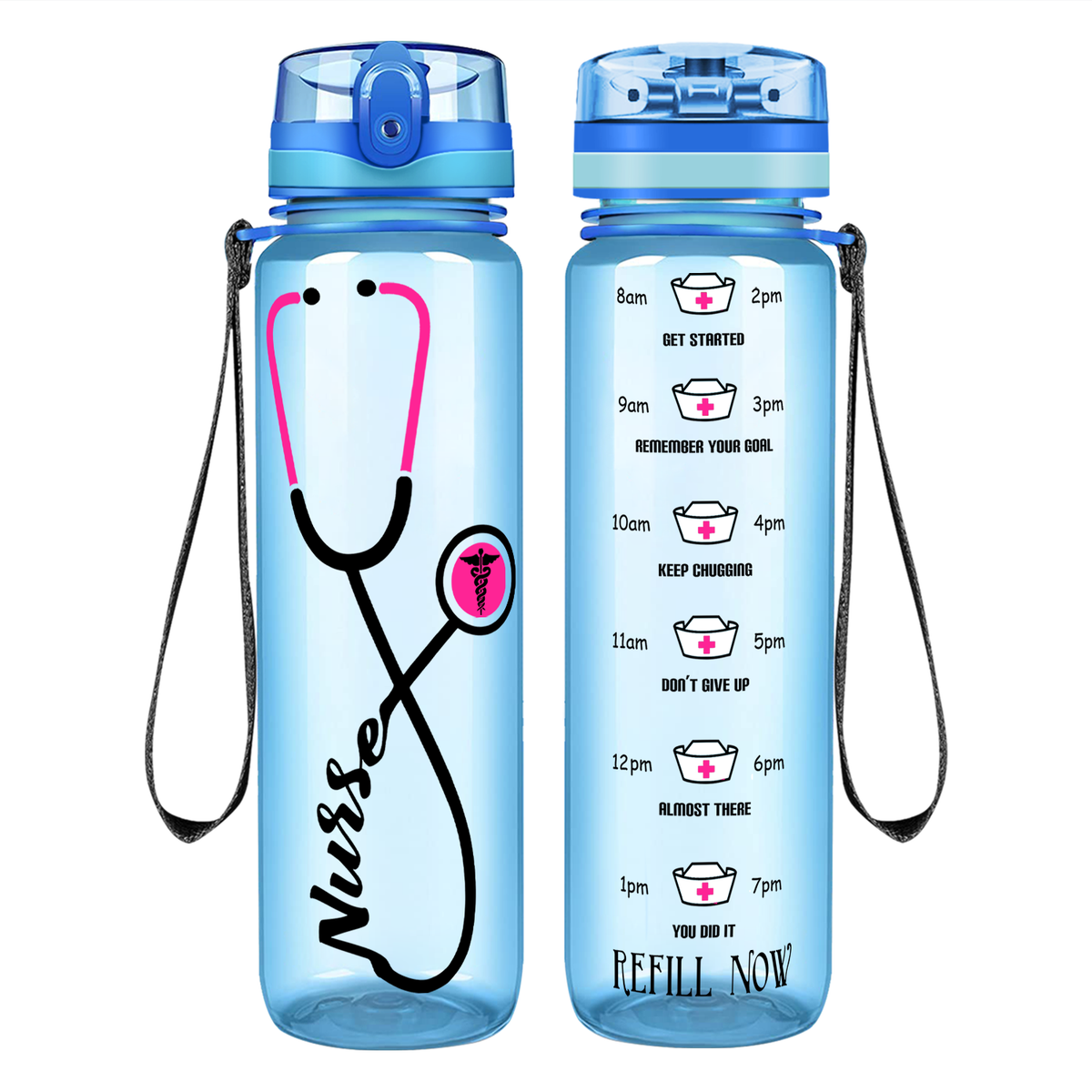 Personalized Nurse Pink Stethoscope on 32oz Motivational Tracking Water Bottle