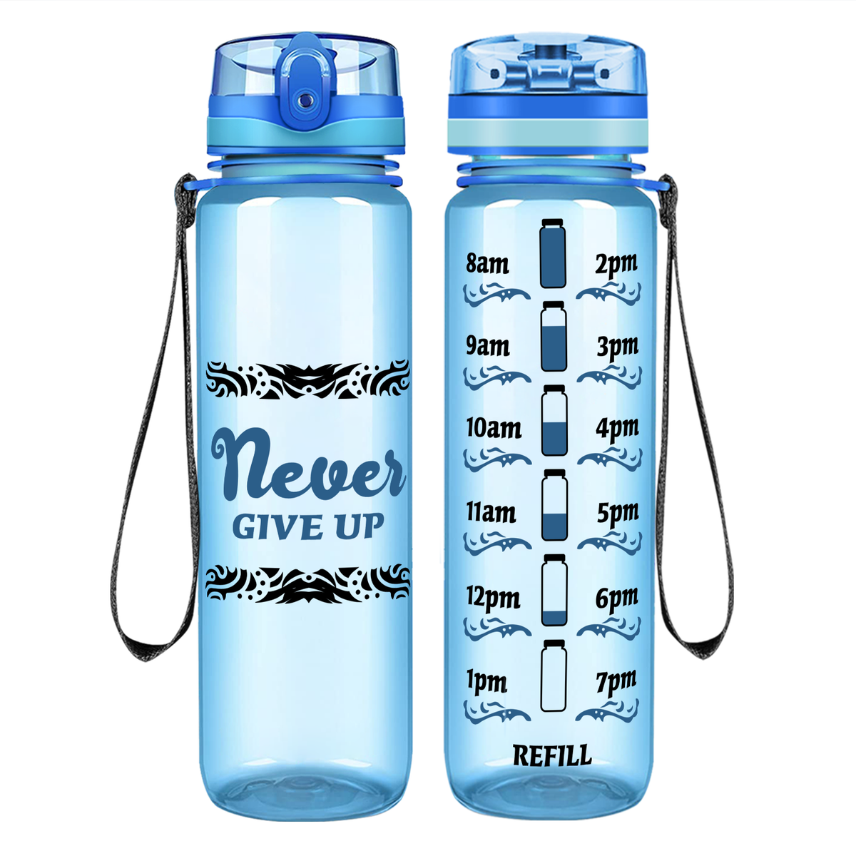 Never Give Up Tribal on 32 oz Motivational Tracking Water Bottle