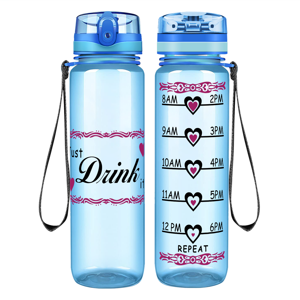 Just Drink It Heart on 32 oz Motivational Tracking Water Bottle
