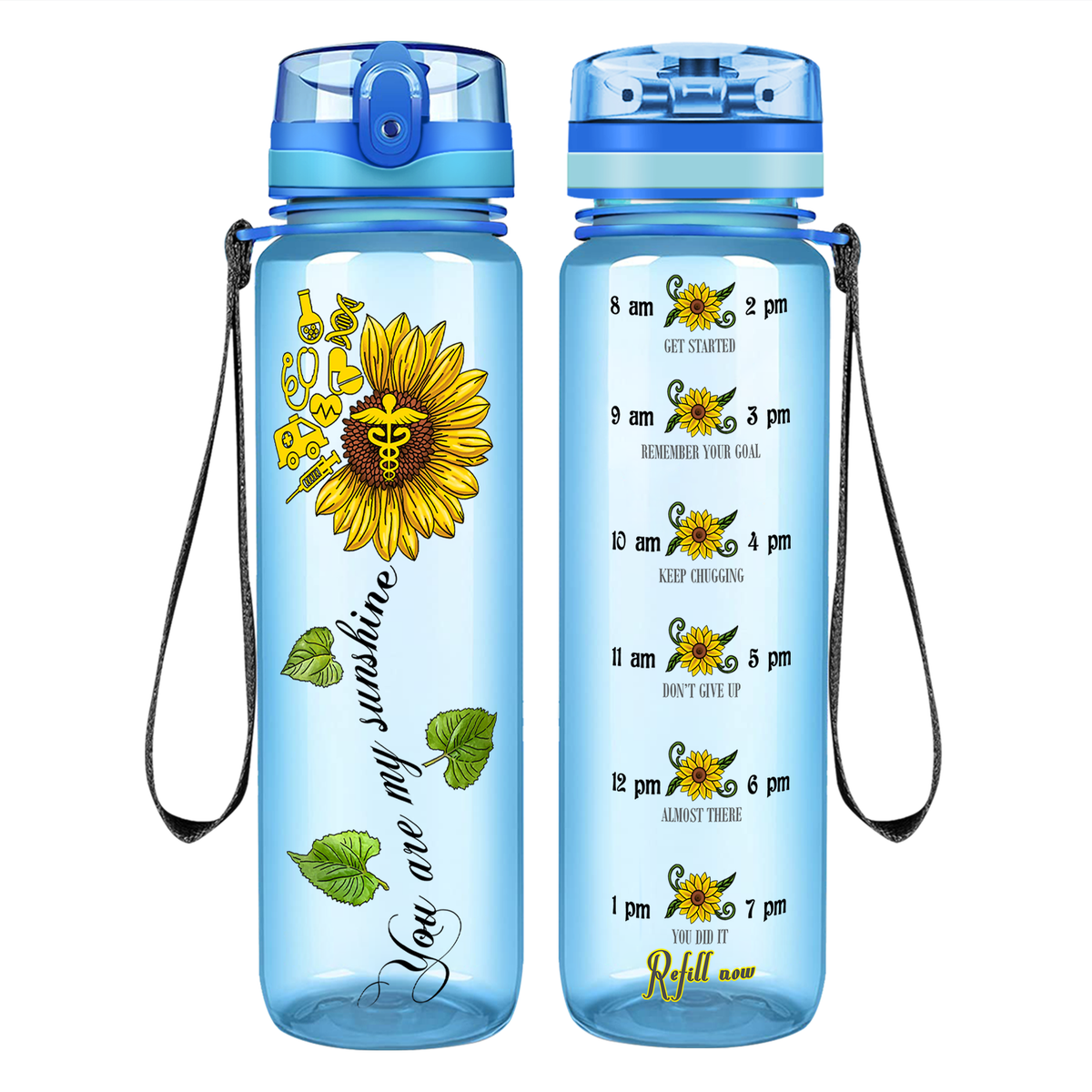 Nurse My Sunshine Sunflower on 32oz Motivational Tracking Water Bottle