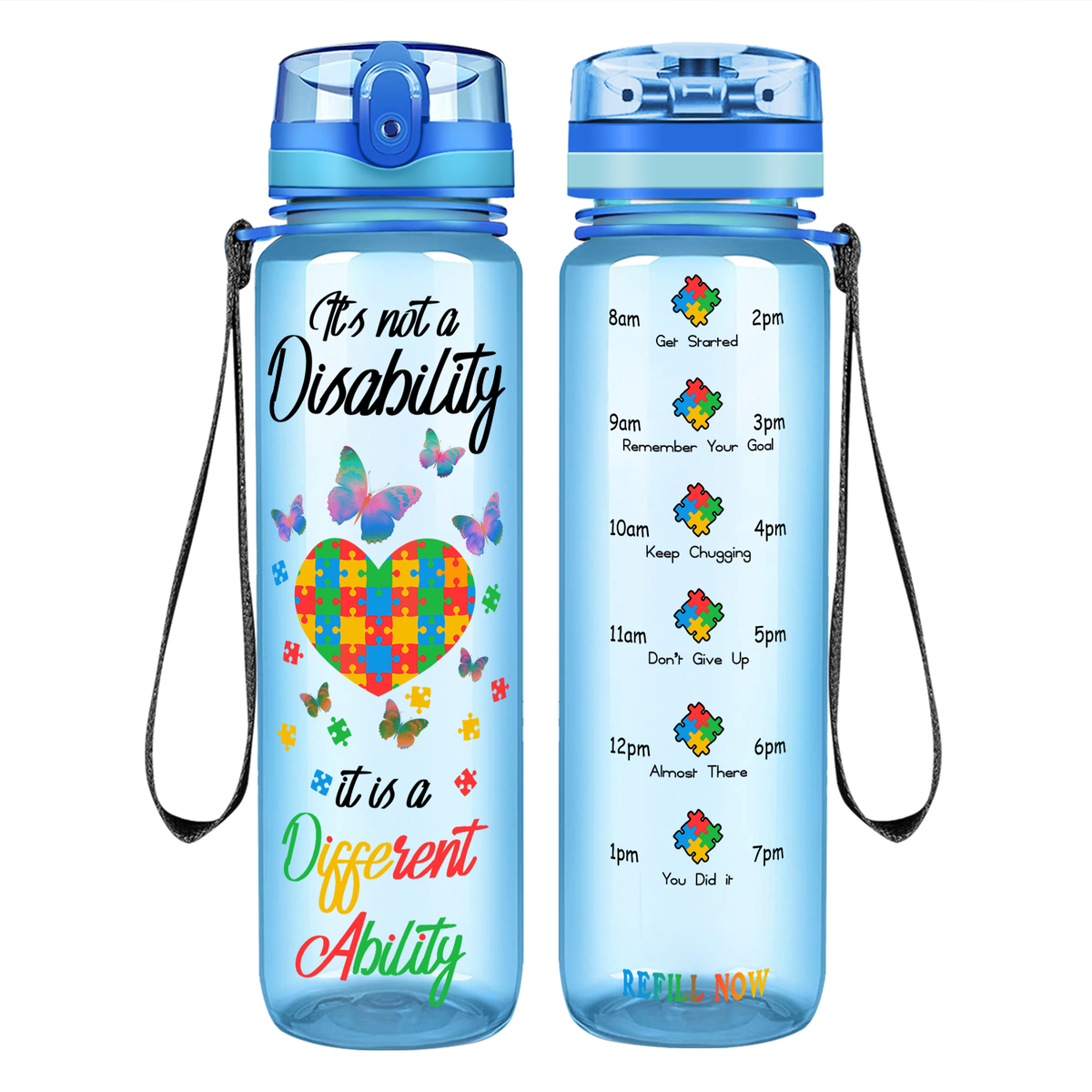 Autism Colorful Butterfly Different Ability on 32 oz Motivational Tracking Water Bottle