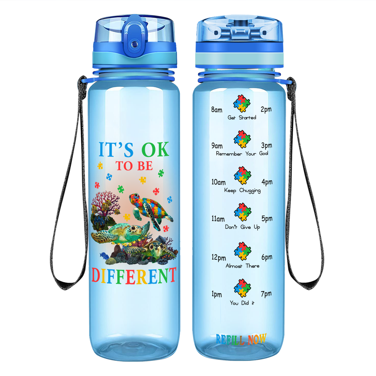 Okay To Be Different Autism Turtle on 32 oz Motivational Tracking Water Bottle