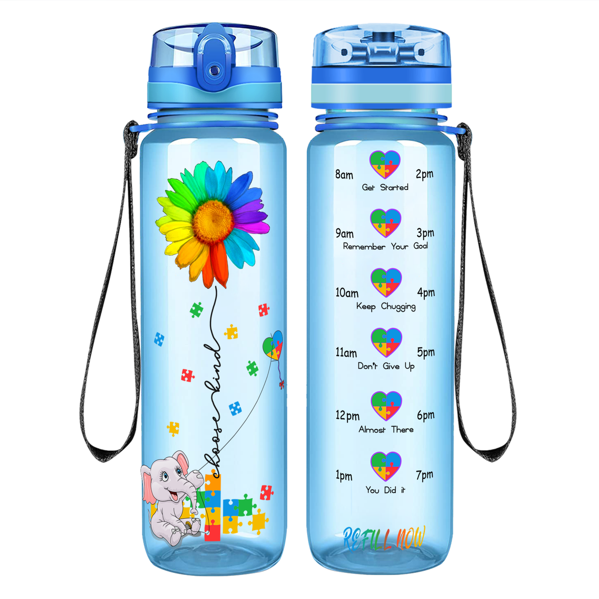 Autism Elephant Kindness Kite on 32 oz Motivational Tracking Water Bottle