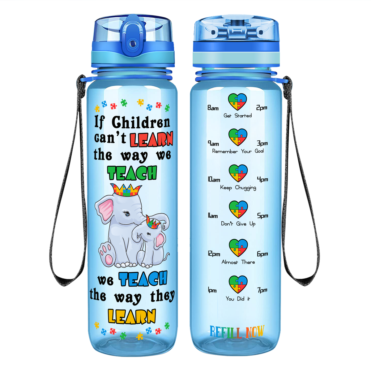 Teach The Way They Learn Elephants on 32 oz Motivational Tracking Autism Water Bottle