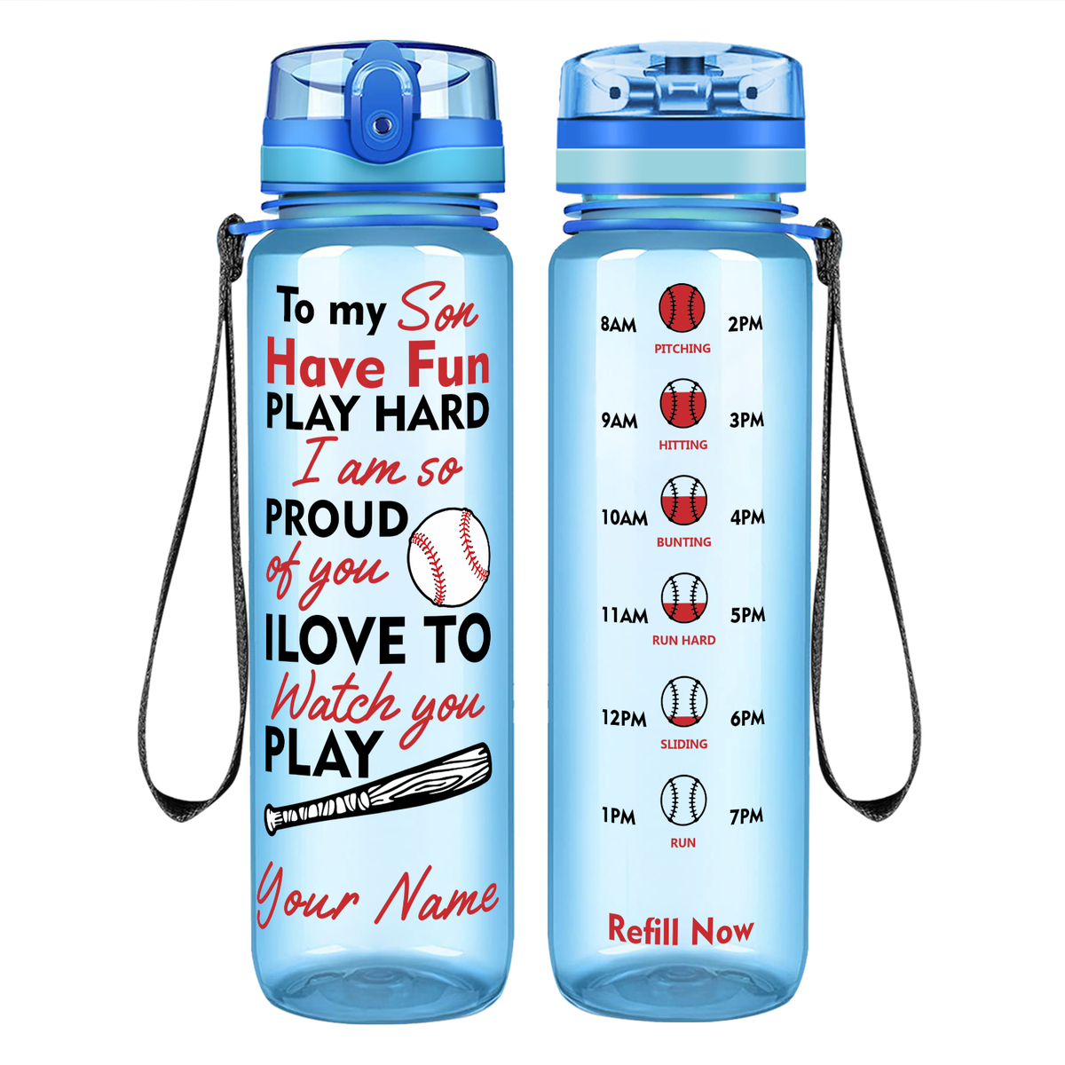 Personalized Play Hard Son Baseball on 32 oz Motivational Tracking Water Bottle