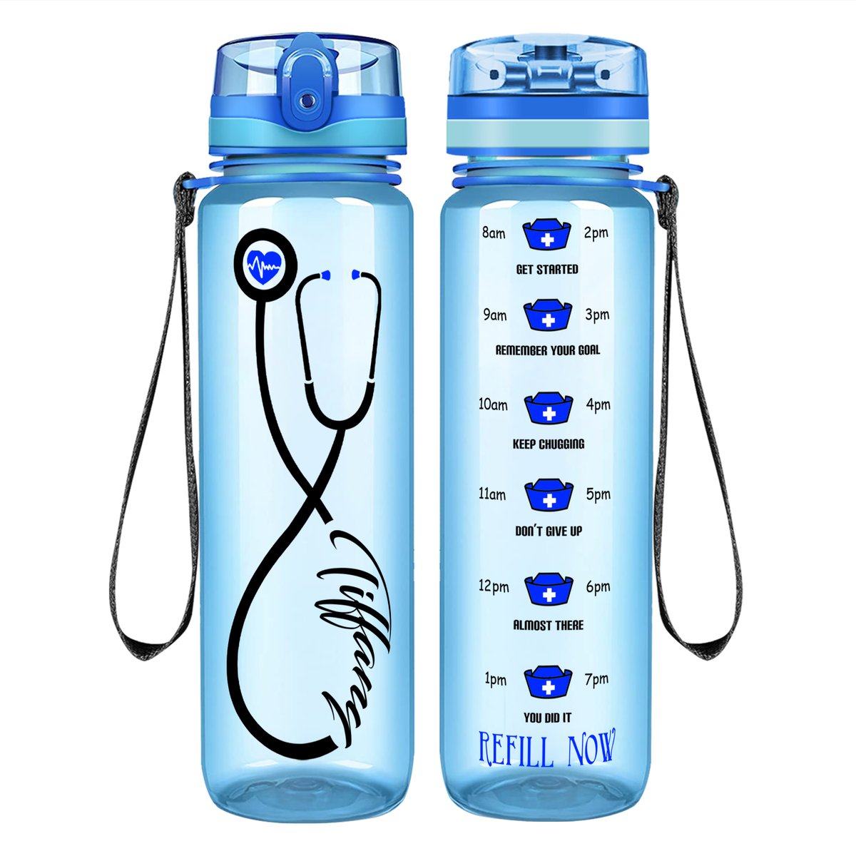 Personalized Nurse Stethoscope Blue on 32oz Motivational Tracking Water Bottle