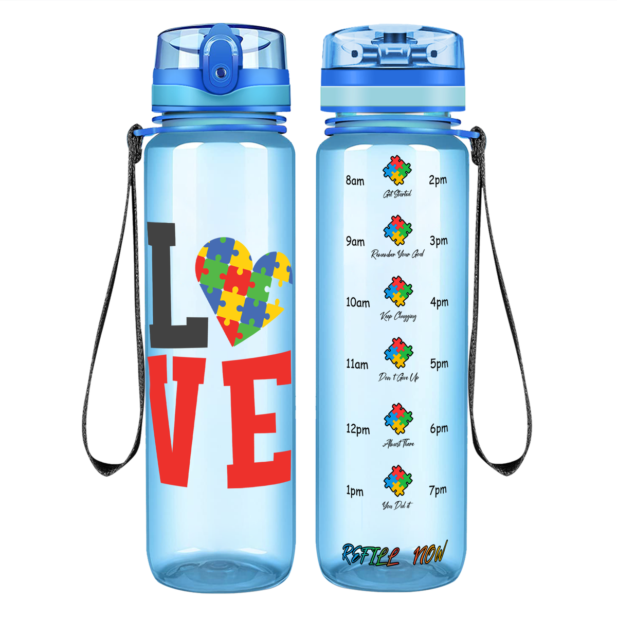 Autism Love on 32 oz Motivational Tracking Water Bottle