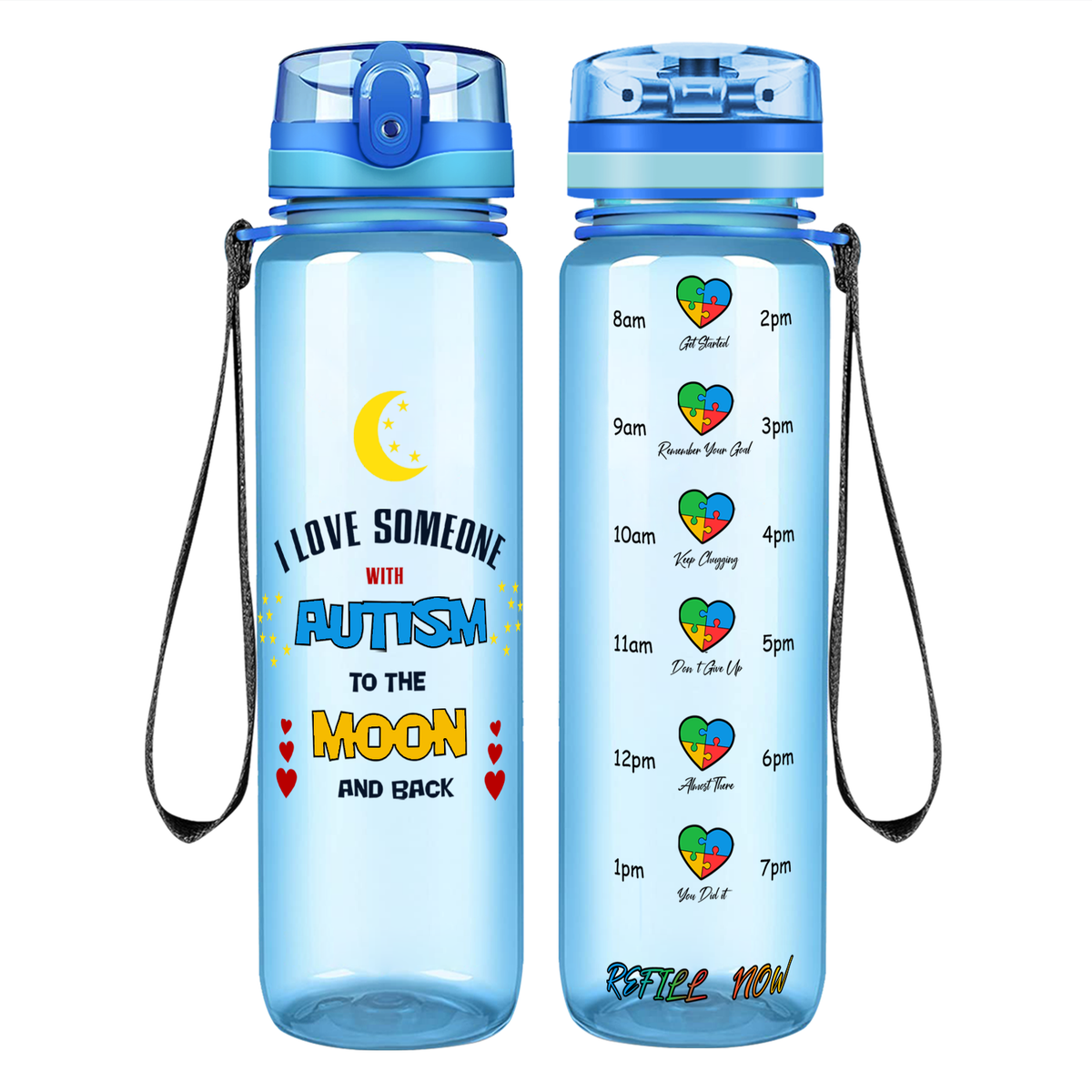 I Love Someone with Autism on 32 oz Motivational Tracking Water Bottle