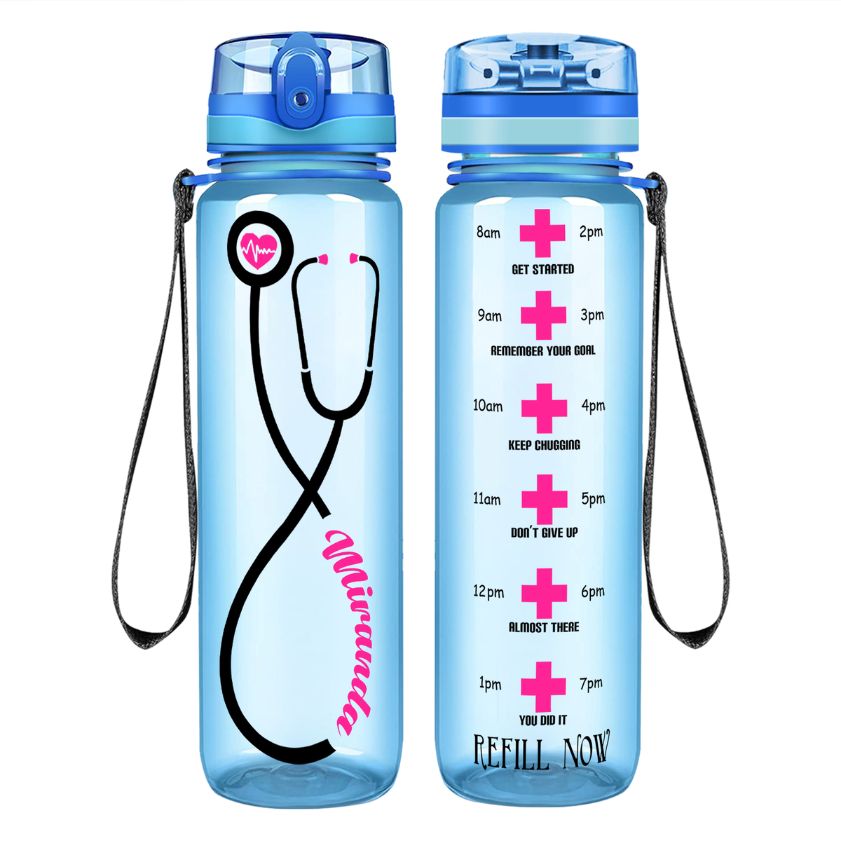 Personalized Heartbeat Nurse Pink Stethoscope on 32oz Motivational Tracking Water Bottle