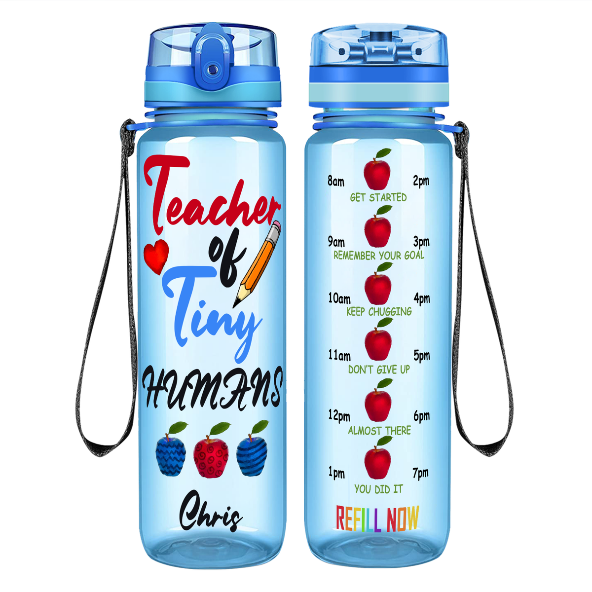 Personalized Teacher of Tiny Humans on 32 oz Motivational Tracking Water Bottle