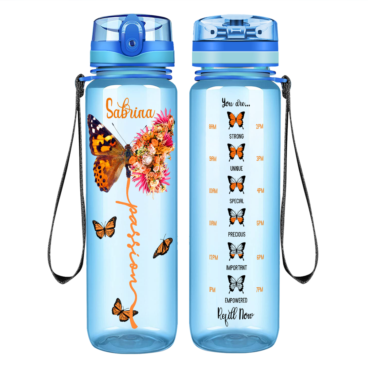Personalized Passion Inspirational Peach Butterfly on 32 oz Motivational Tracking Water Bottle