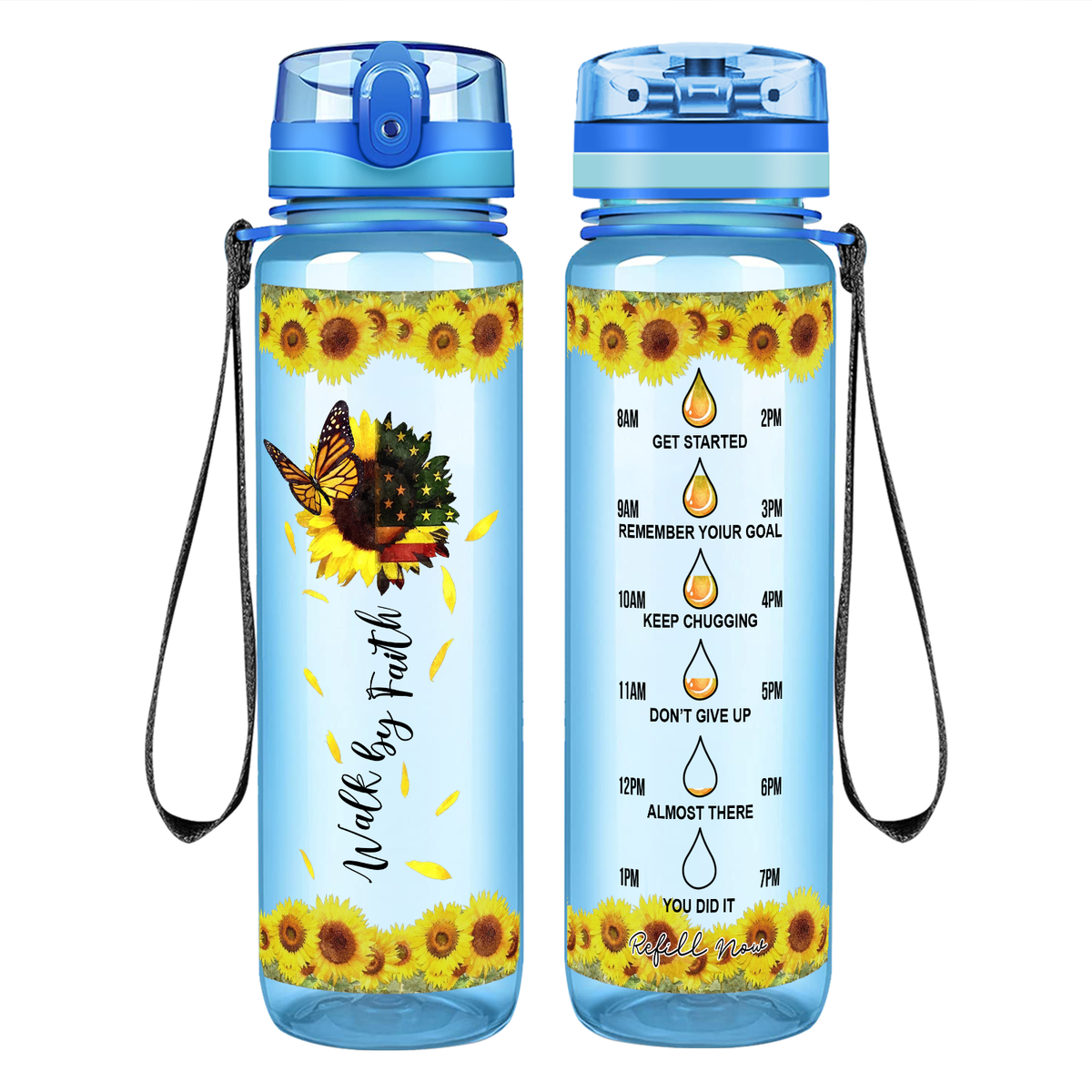 Walk by Faith American Sunflower on 32 oz Motivational Tracking Water Bottle