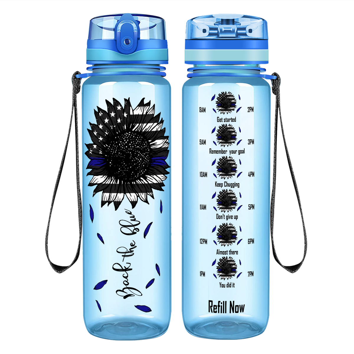 Thin Blue Line Sunflower on 32 oz Motivational Tracking Water Bottle