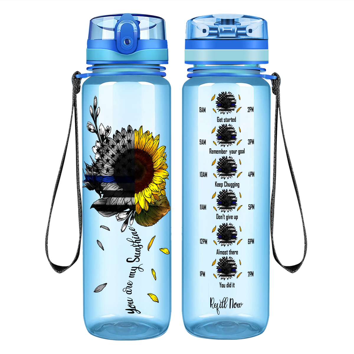 You are my Sunshine Thin Blue Line Sunflower on 32 oz Motivational Tracking Water Bottle