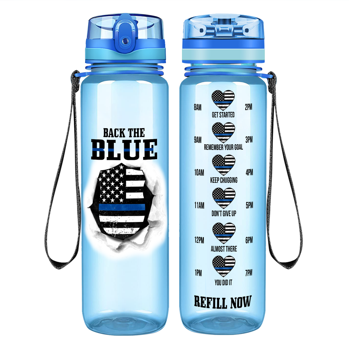 Back the Blue on 32 oz Motivational Tracking Water Bottle