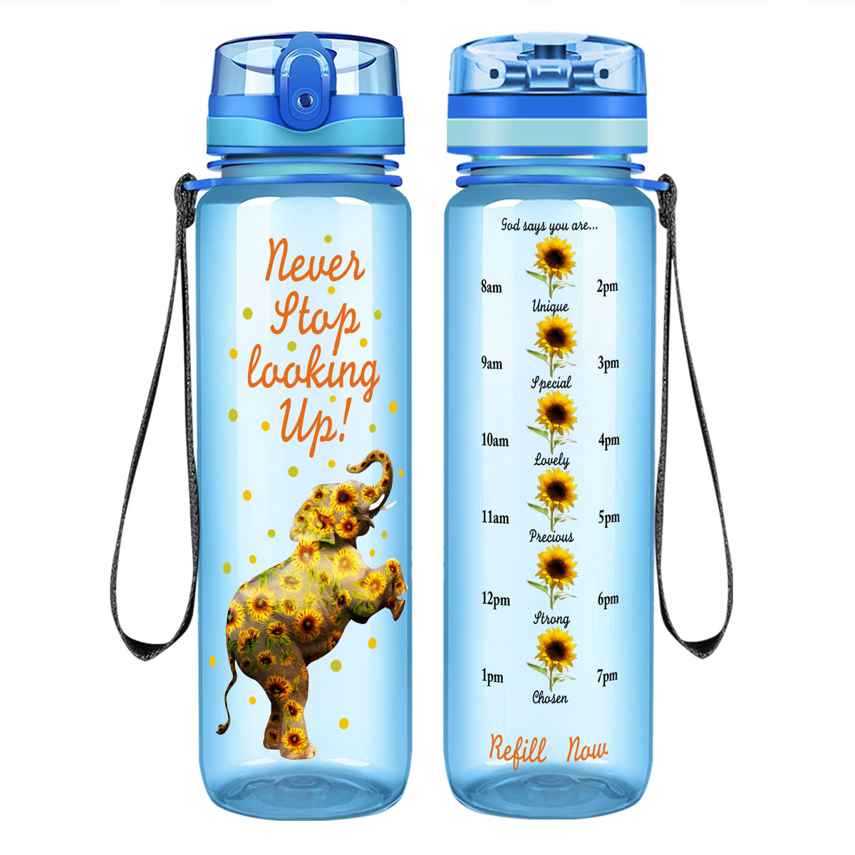 Never Stop Looking Up on 32 oz Motivational Tracking Water Bottle