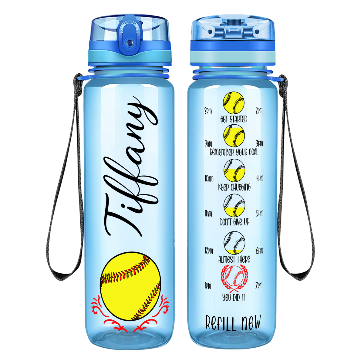 Personalized Softball on 32 oz Motivational Tracking Water Bottle