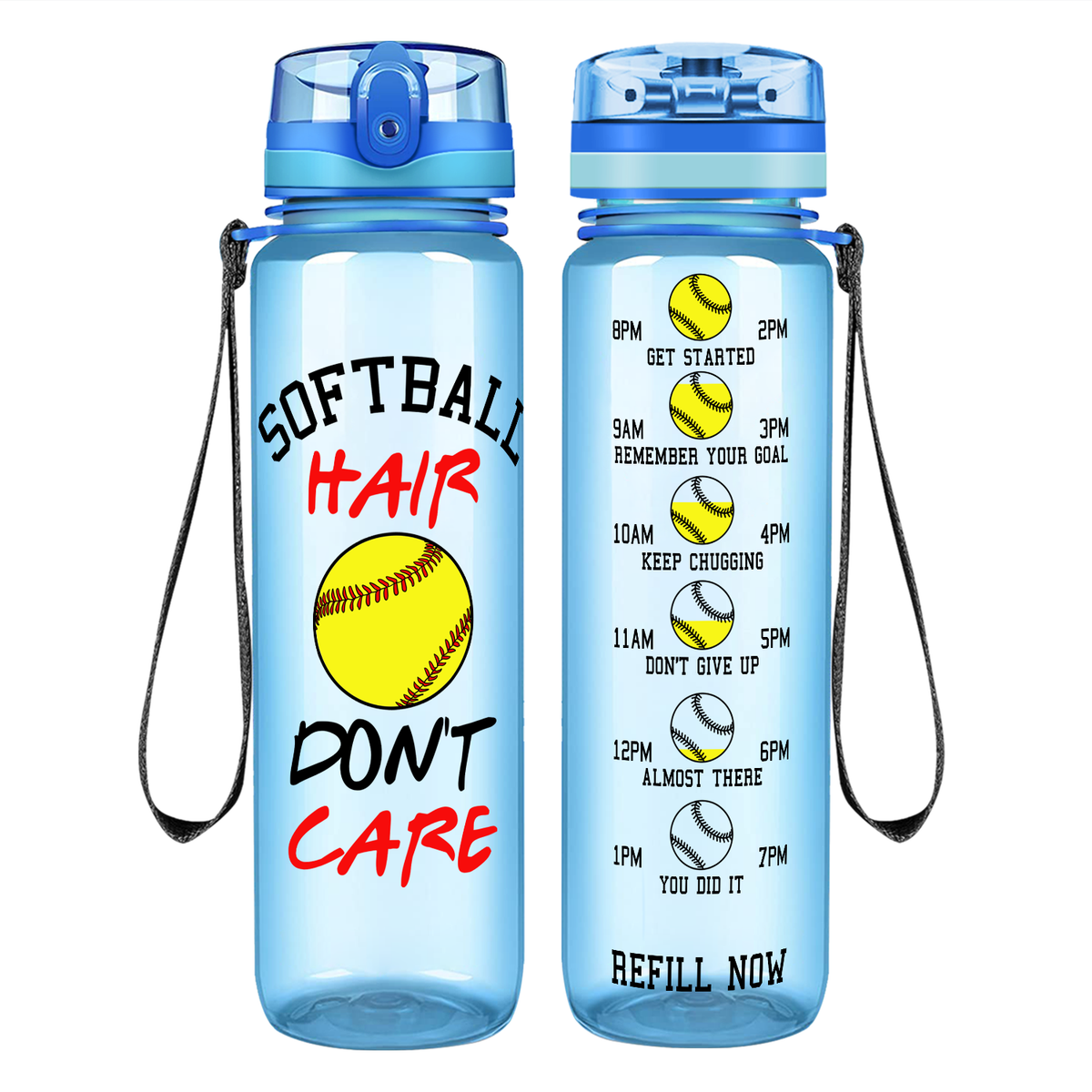 Softball Hair Don't Care on 32 oz Motivational Tracking Water Bottle