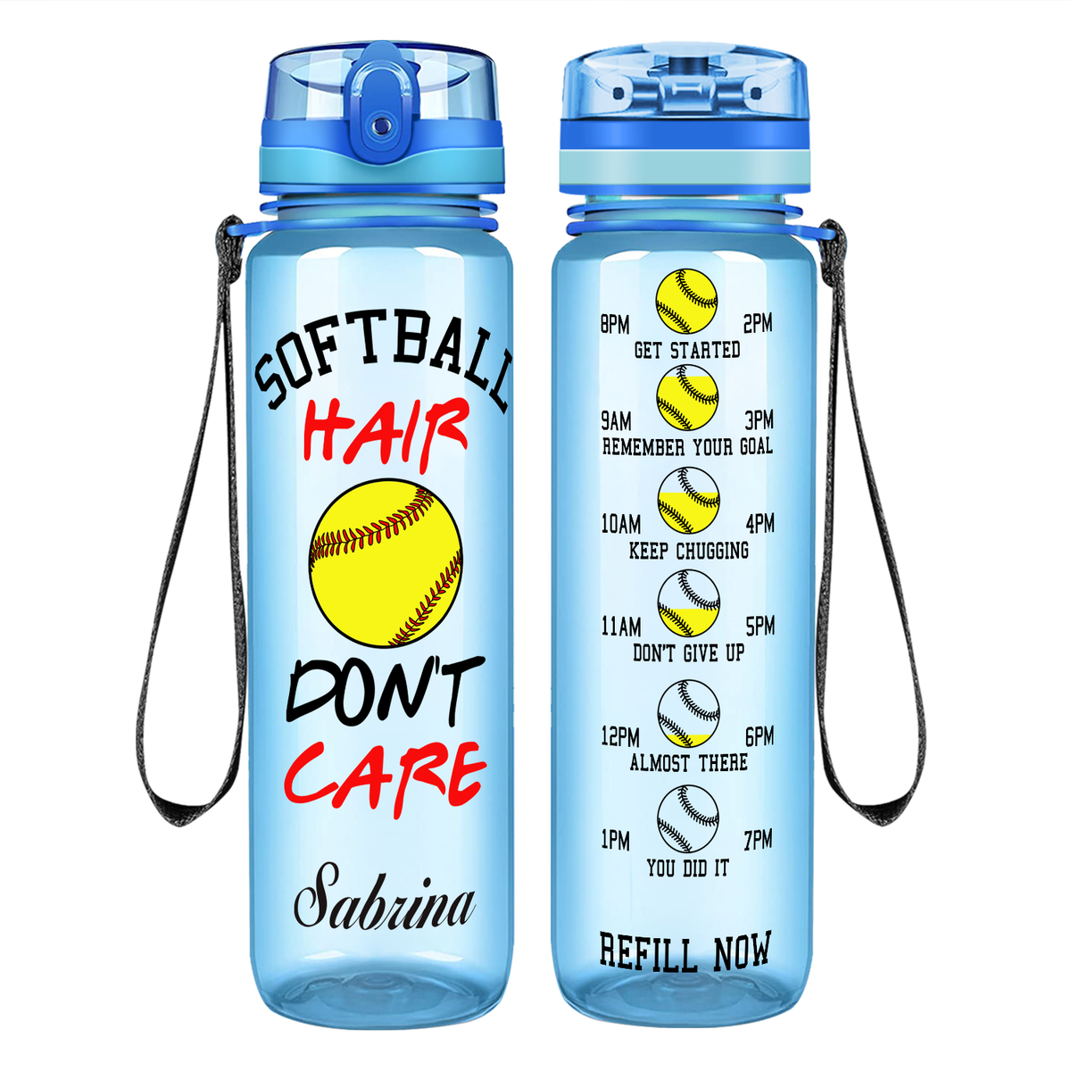 Personalized Softball Hair Don't Care on 32 oz Motivational Tracking Water Bottle