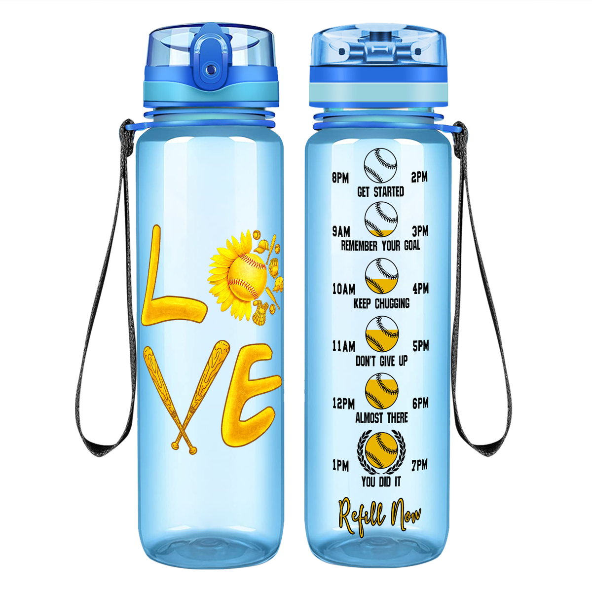 Love Softball Flower on 32 oz Motivational Tracking Water Bottle