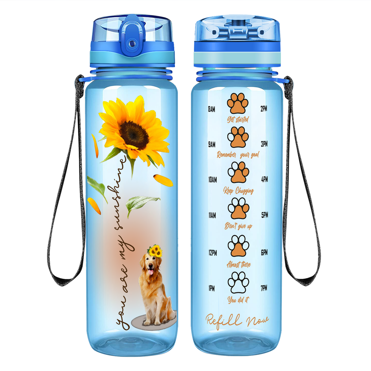 You Are My Sunshine Golden Retriever Sunflower on 32 oz Motivational Tracking Water Bottle